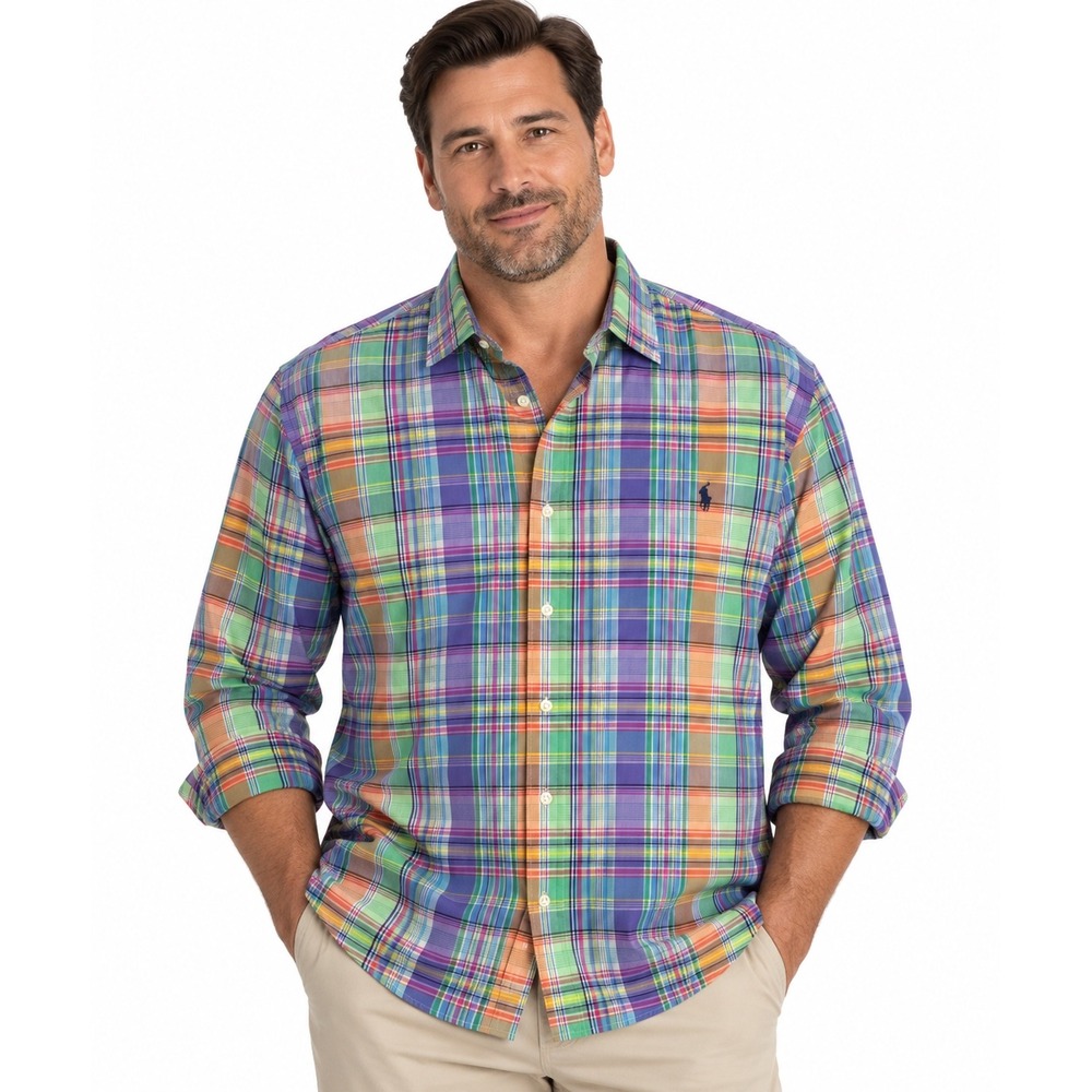 Polo Ralph Lauren Mens XXL Multi Color Plaid Cotton Stretch Button Down Shirt
